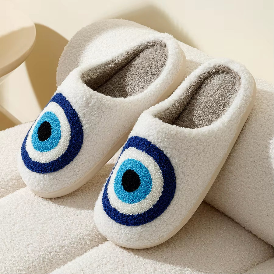 Evil Eyes Blue Embroidery Slippers High Quality Women Men Slippers Fashion Pattern Shoes Warm Home Devil'S Eyes Houseshoes